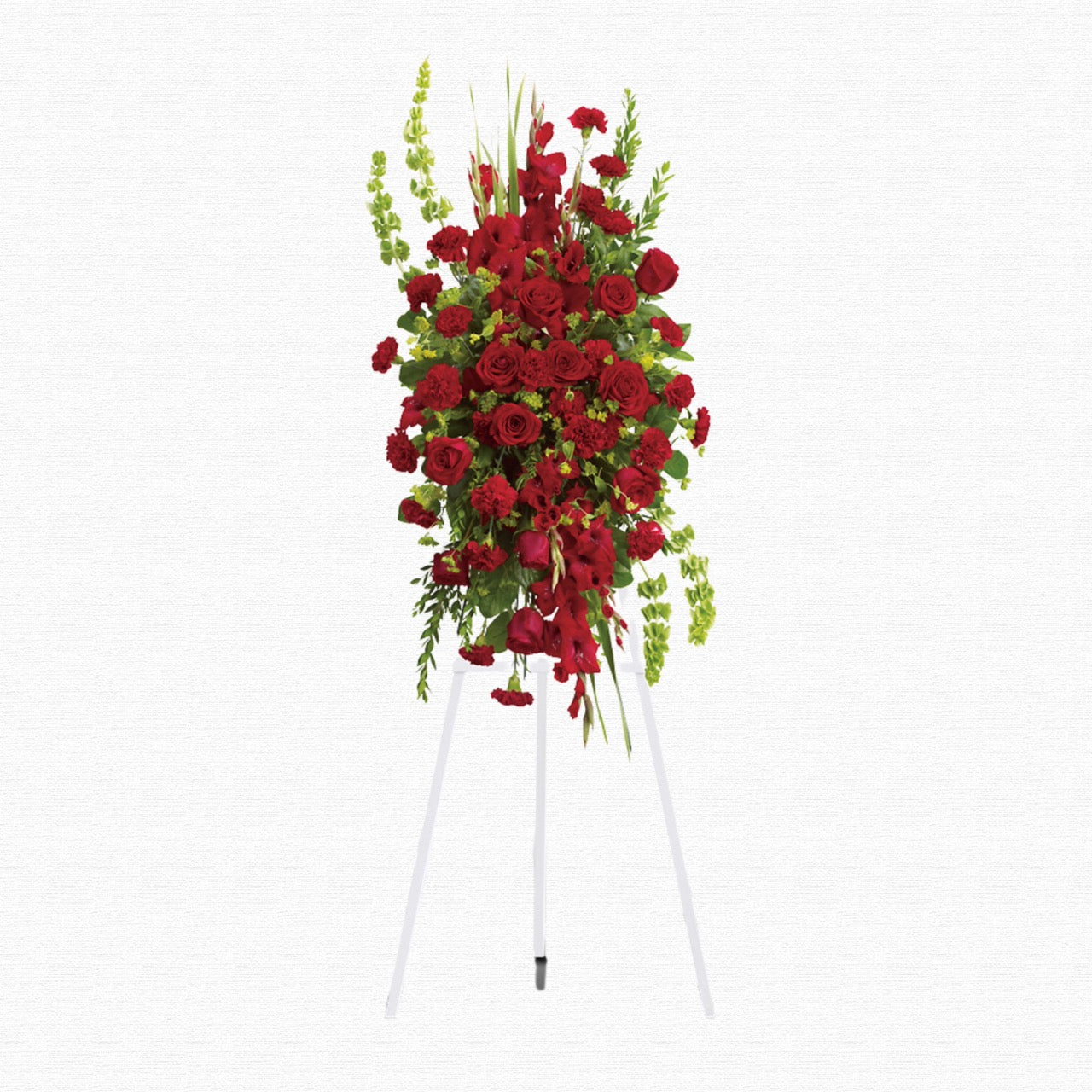Red and multicolor standing funeral spray by Historic Dade City Florist