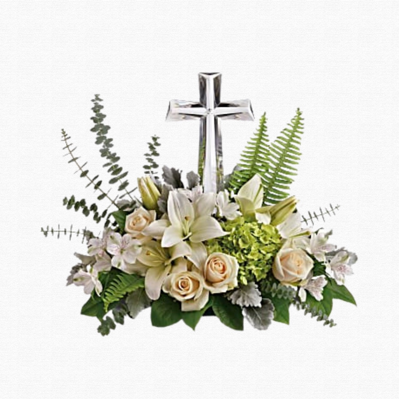 White sympathy arrangement with cross tribute by Historic Dade City Florist