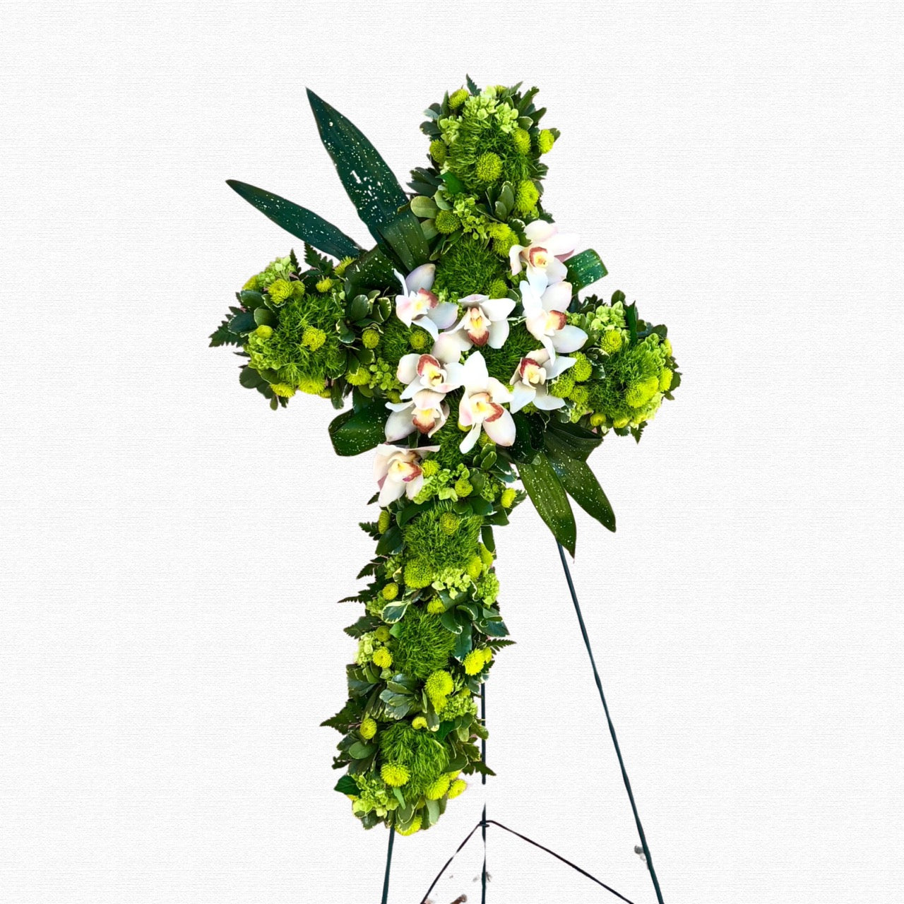 Tropical green funeral cross tribute by Historic Dade City Florist
