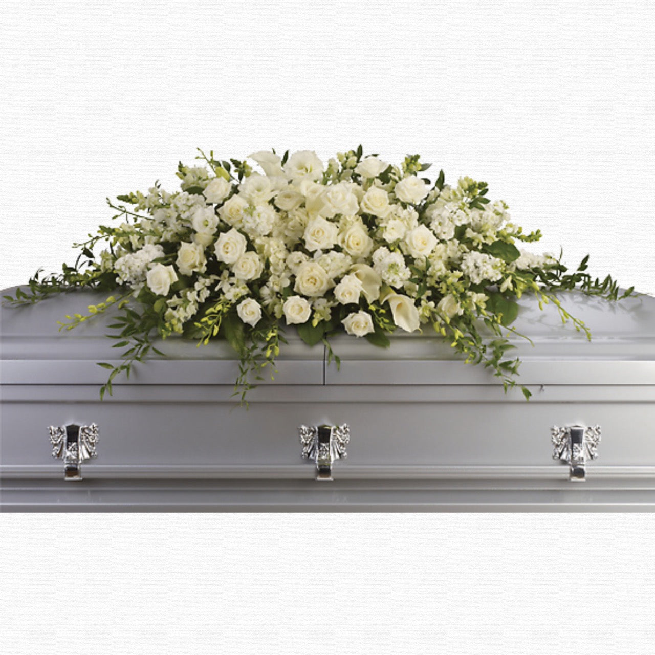 White floral casket spray arrangement by Historic Dade City Florist