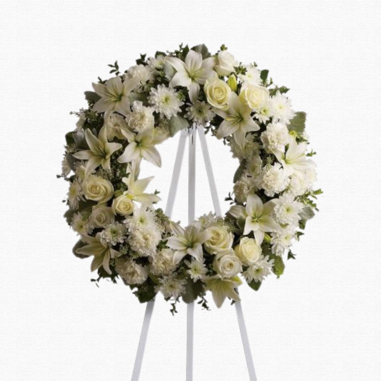 All-white funeral wreath arrangement - Serenity Wreath by Historic Dade City Florist
