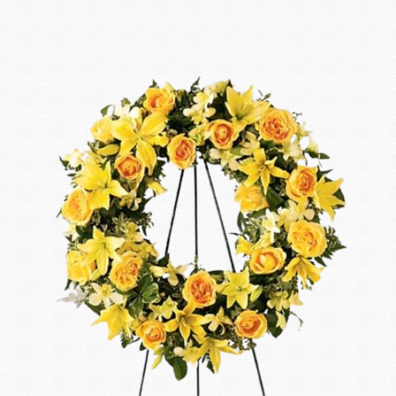 Yellow memorial wreath arrangement by Historic Dade City Florist