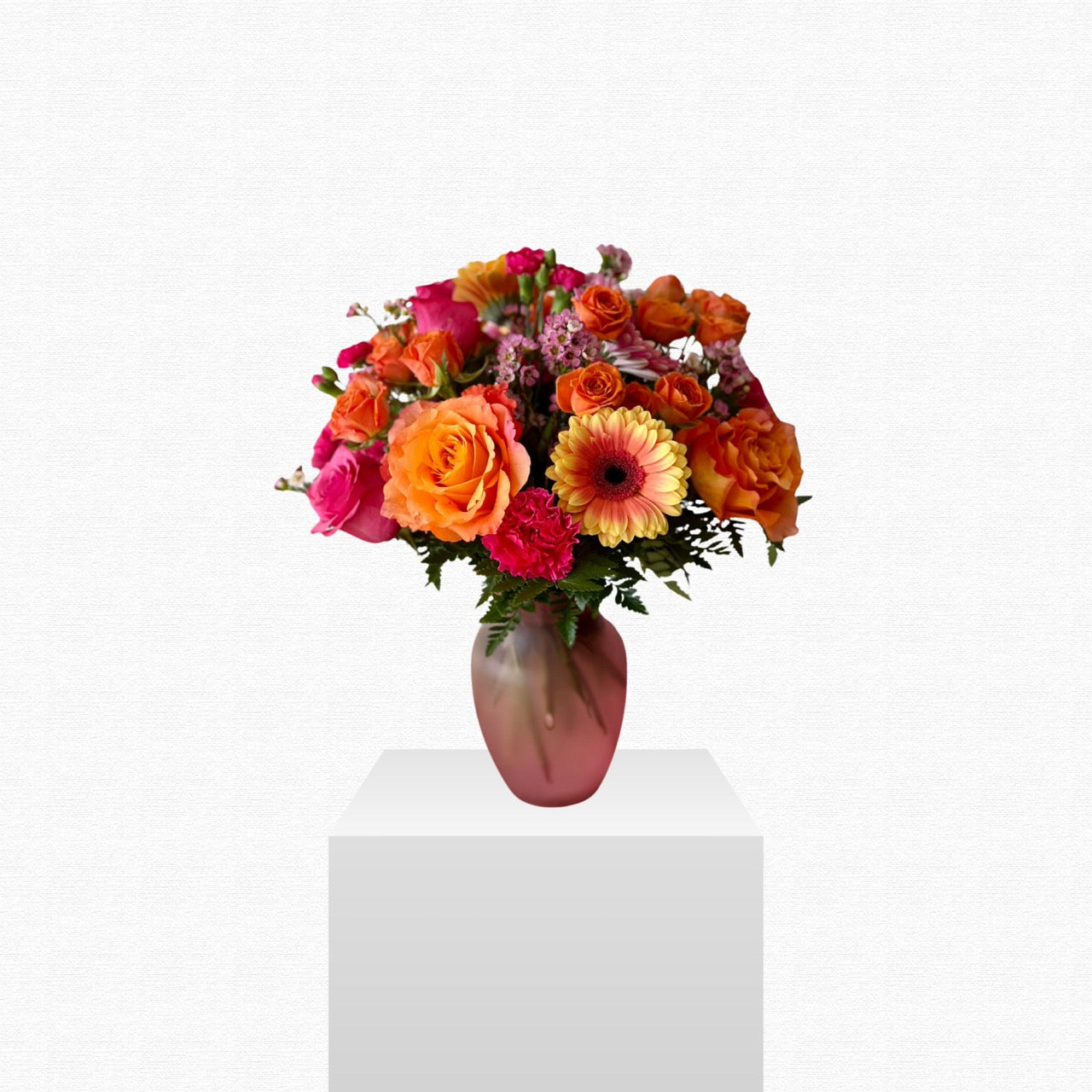 Pink, orange and yellow flower arrangement - Sunset Serenade by Historic Dade City Florist